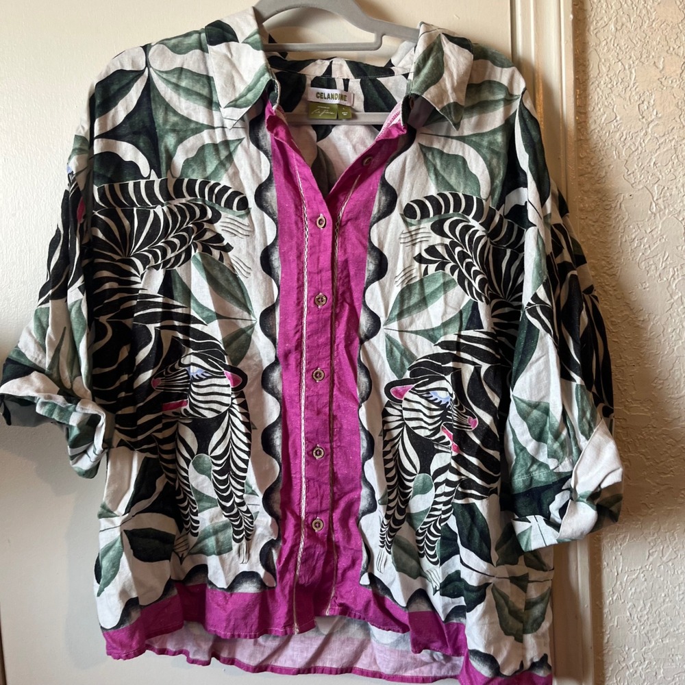Celandine Carla Petelotchi Tiger Leaf Art to Wear Linen Blend Boho Top Shirt L